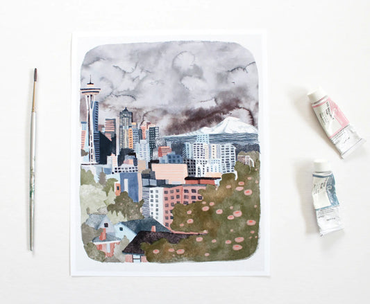 Seattle Night Skyline Watercolor Art Print