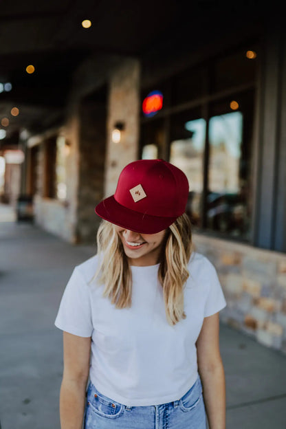 Three Tree Leather Patch Flat Brim Hat - Berry