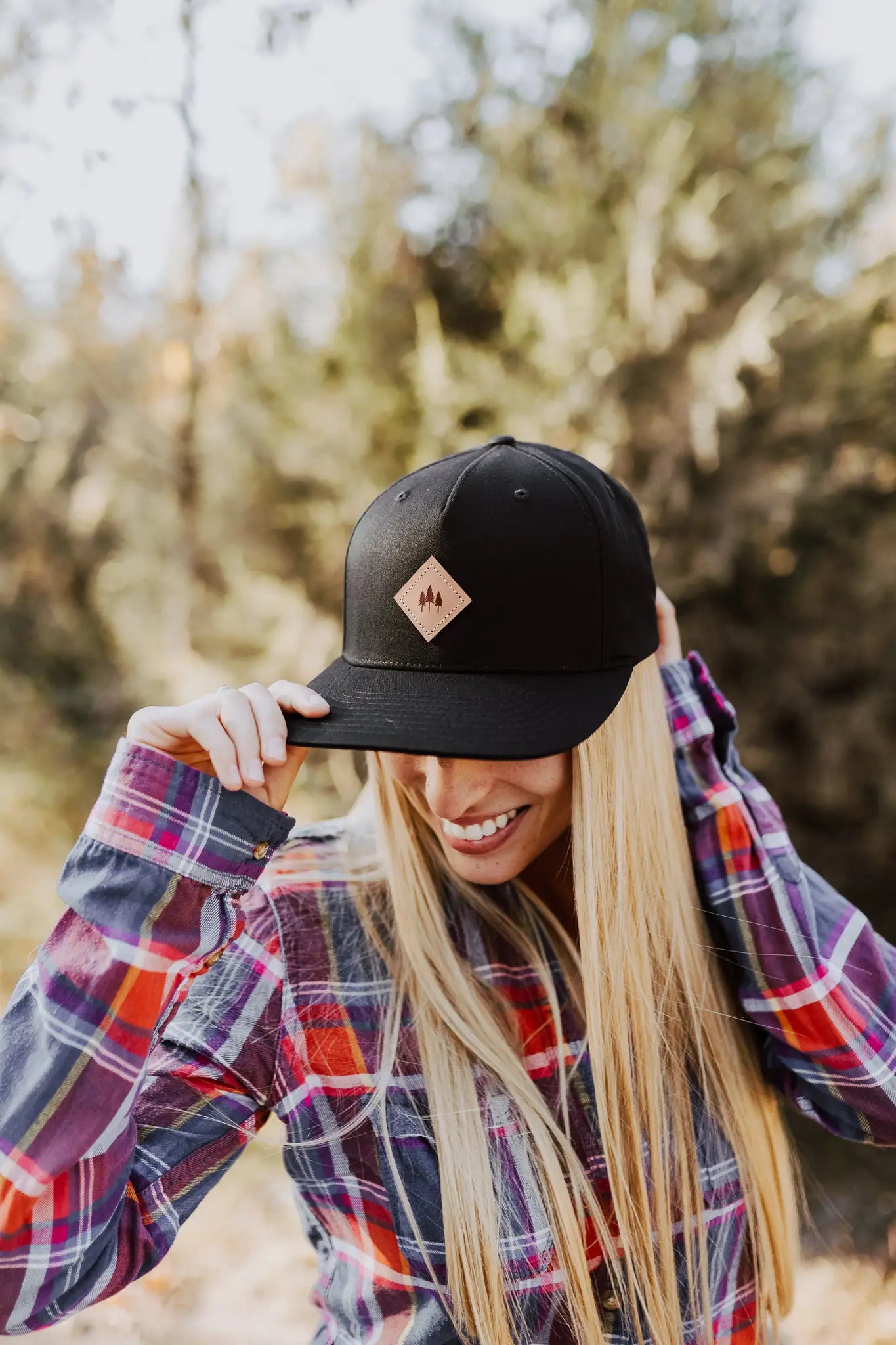 Three Tree Leather Patch Flat Brim Hat - Black